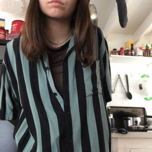 Green & Black Vertical Striped Button-Down
